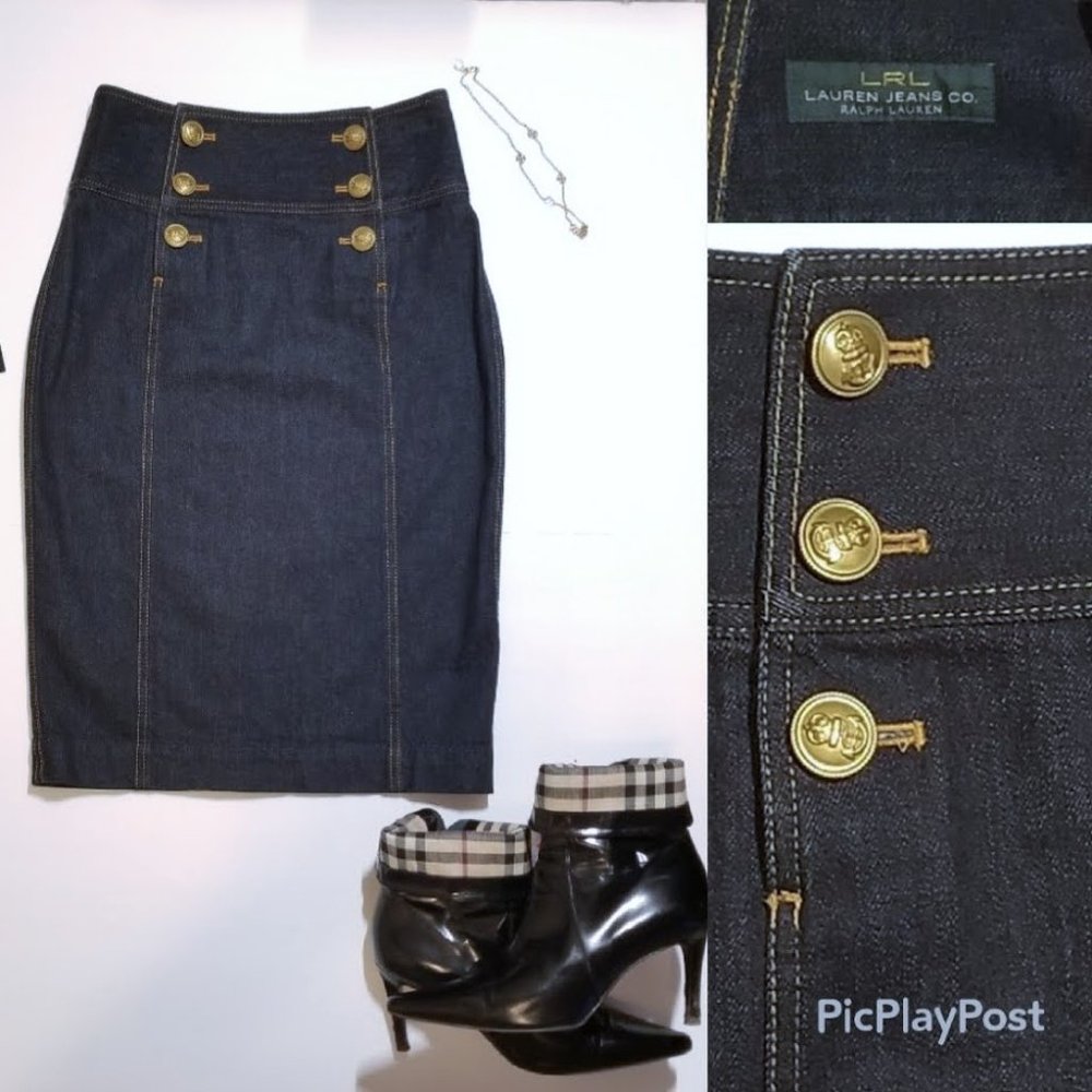 LRL⚡Ralph Lauren Denim Pencil Skirt Gold Buttons